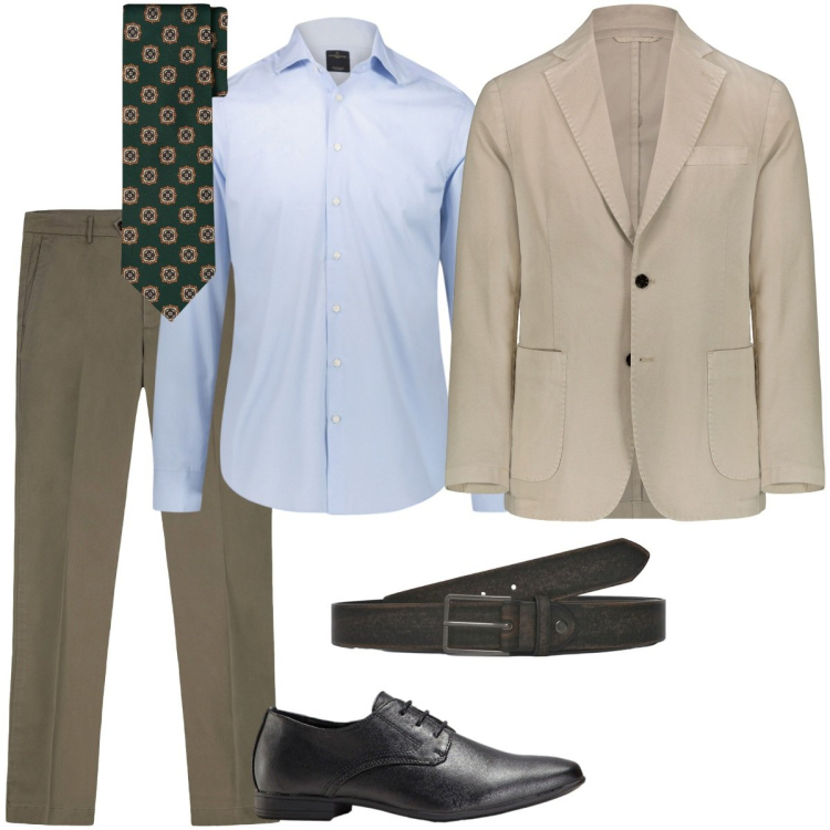 Outfit uomo - Giacca e pantalone beige sabbia. Stile Business/Elegante per Tutti i giorni. Abbinamento con scarpe stringate, cinture, camicie, giacche, pantaloni chino, cravatte.
