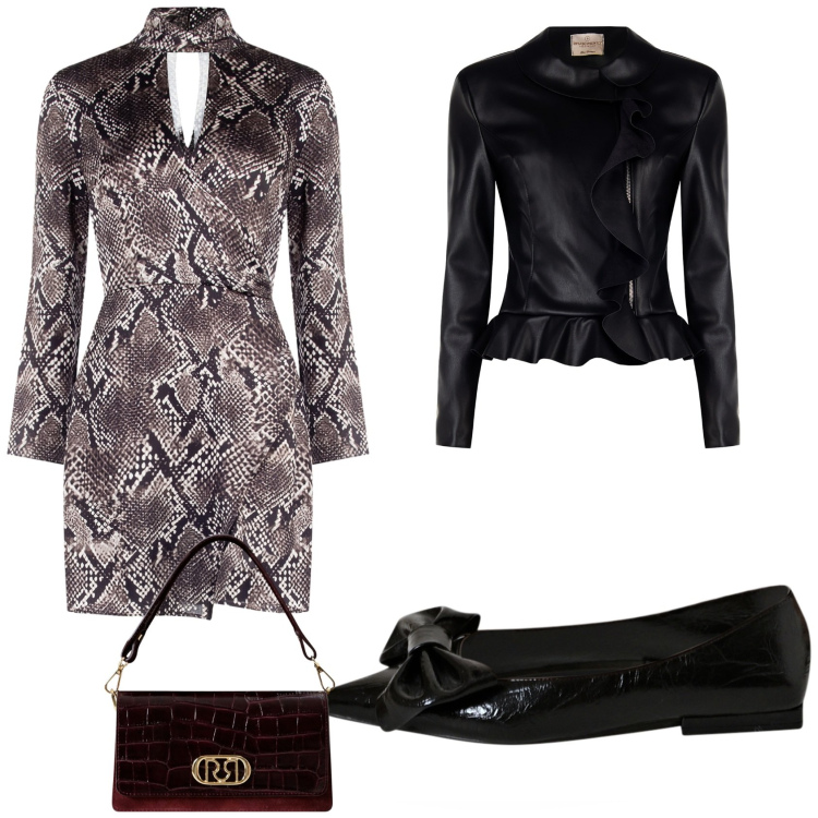 Outfit donna - Di sabato sera. Stile Chic per Serata fuori. Abbinamento con blazer, ballerine, borse a mano, vestiti corti.