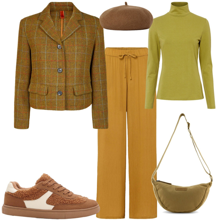 Outfit donna - Total look #2254278. Stile Vintage retrò per Tutti i giorni. Abbinamento con pantaloni, maglieria, sneakers, cappelli e berretti, blazer, borse a tracolla.