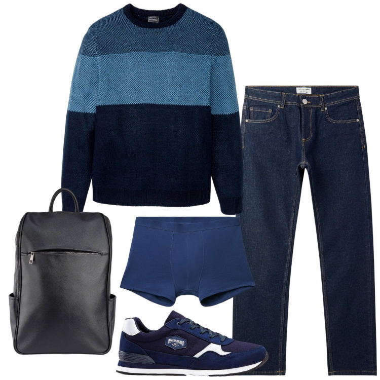 Outfit uomo - Jeans dark blu. Stile Casual per Ufficio. Abbinamento con sneakers, maglieria, jeans, boxer, borse sportive.