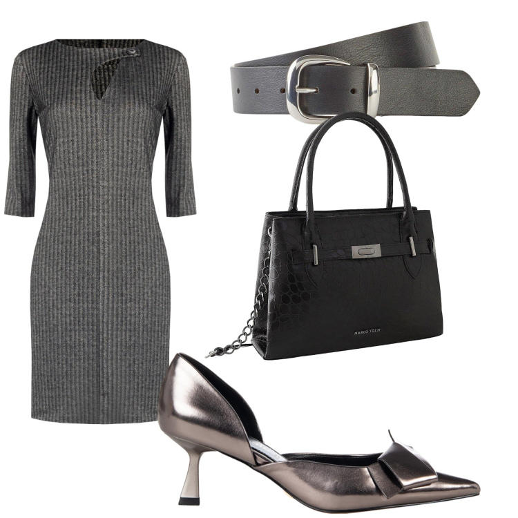 Outfit donna - Riunione in ufficio. Stile Chic per Ufficio. Abbinamento con cinture, borse a mano, décolleté, vestiti midi/longuette.