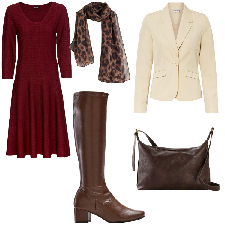 Outfit donna - Tendenze d\'autunno Bon Prix. Stile Casual per Tutti i giorni. Abbinamento con blazer, vestiti, stivali, sciarpe, borse a tracolla.
