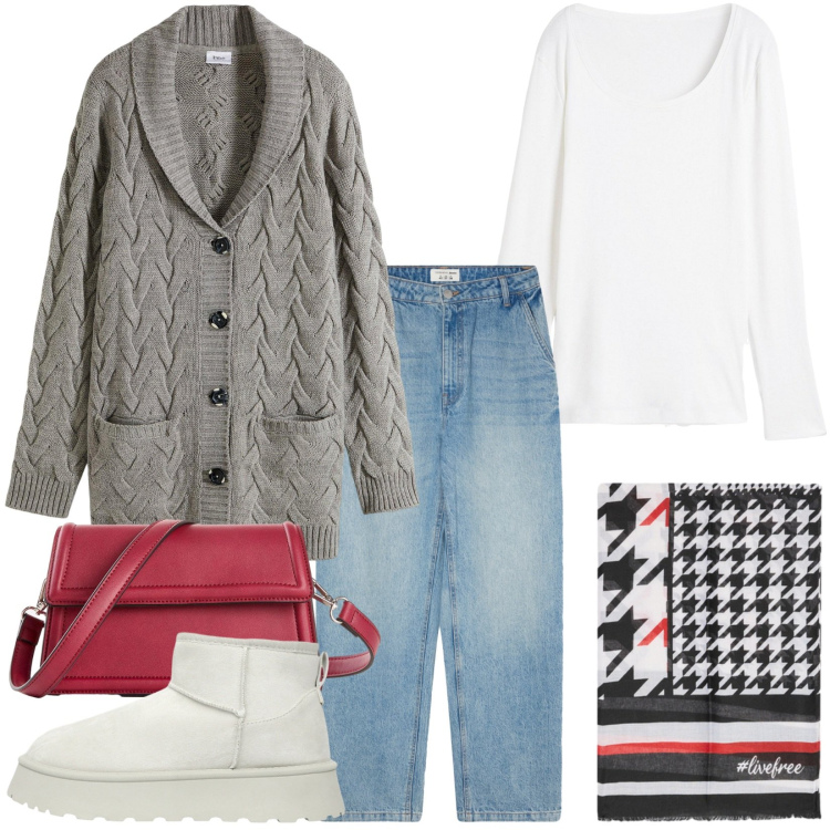 Outfit donna - Capi basic in stile casual moderno. Stile Basic per Tutti i giorni. Abbinamento con maglieria, cardigans, borse a tracolla, jeans, stivaletti, foulard.