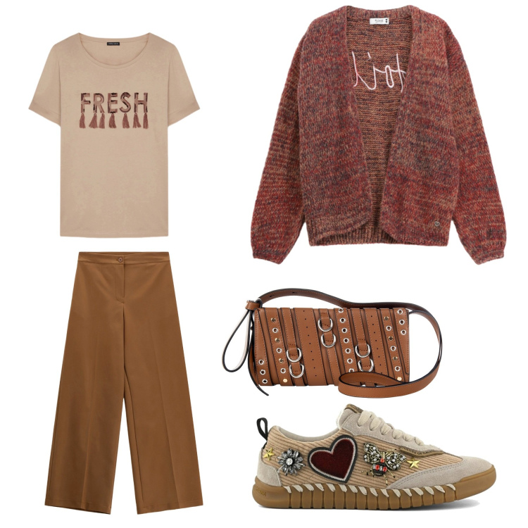 Outfit donna - Autumn style. Stile Minimal per Tutti i giorni. Abbinamento con cardigans, borse a spalla, pantaloni a palazzo, sneakers, t-shirt.