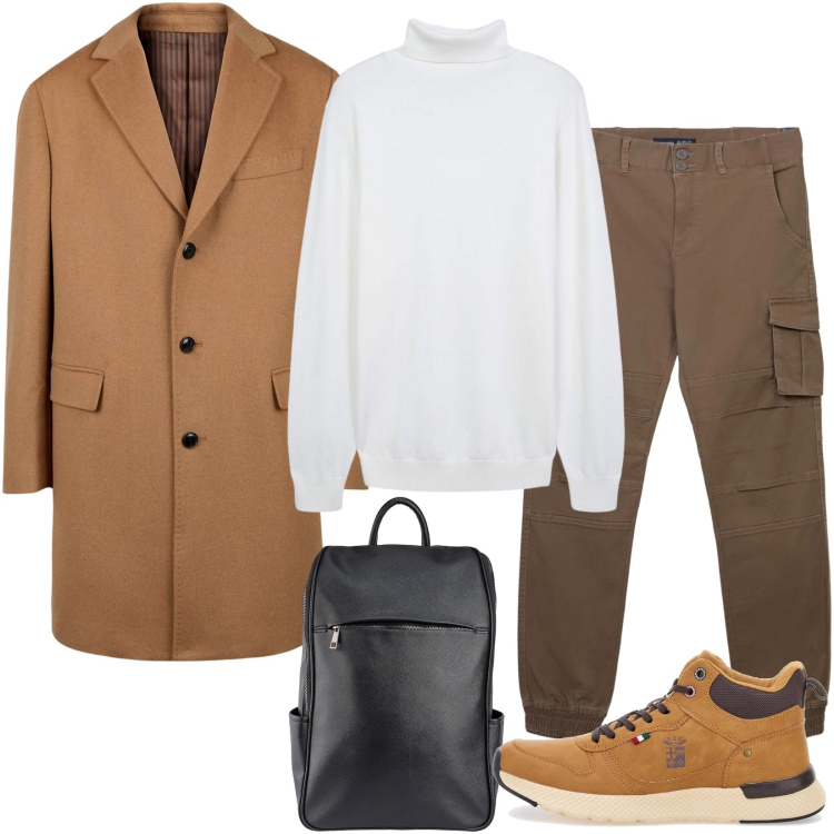 Outfit uomo - Cappotto cammello. Stile Casual per Tutti i giorni. Abbinamento con pantaloni cargo, maglieria, cappotti, borse sportive, stivali e stivaletti.