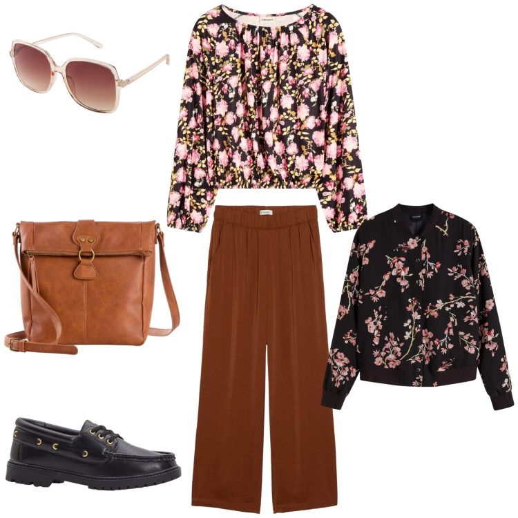 Outfit donna - Autunno floreale. Stile Casual per Tutti i giorni. Abbinamento con pantaloni a palazzo, bomber, mocassini, occhiali da sole, bluse, borse a tracolla.