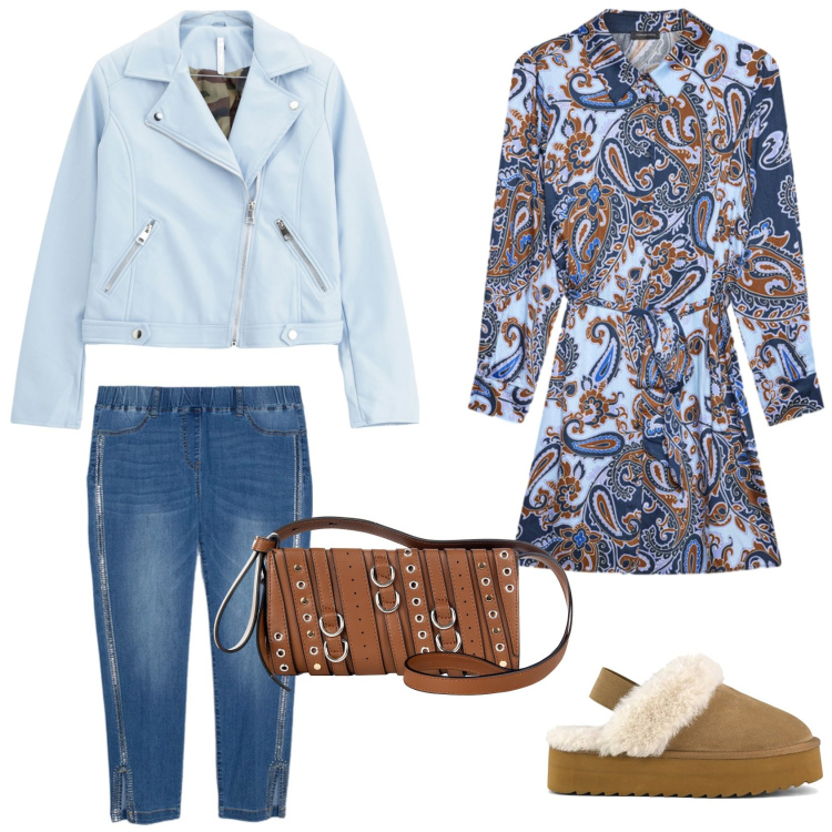 Outfit donna - Oggi shopping. Stile Casual chic per Tutti i giorni. Abbinamento con jeggings, vestiti chemisier, blazer, borse a spalla, sabot.