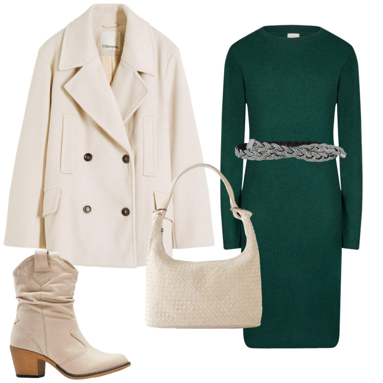 Outfit donna - Total look #2254294. Stile Glamour per Serata fuori. Abbinamento con caban, stivaletti texani, shopping bag, cinture, vestiti midi/longuette.