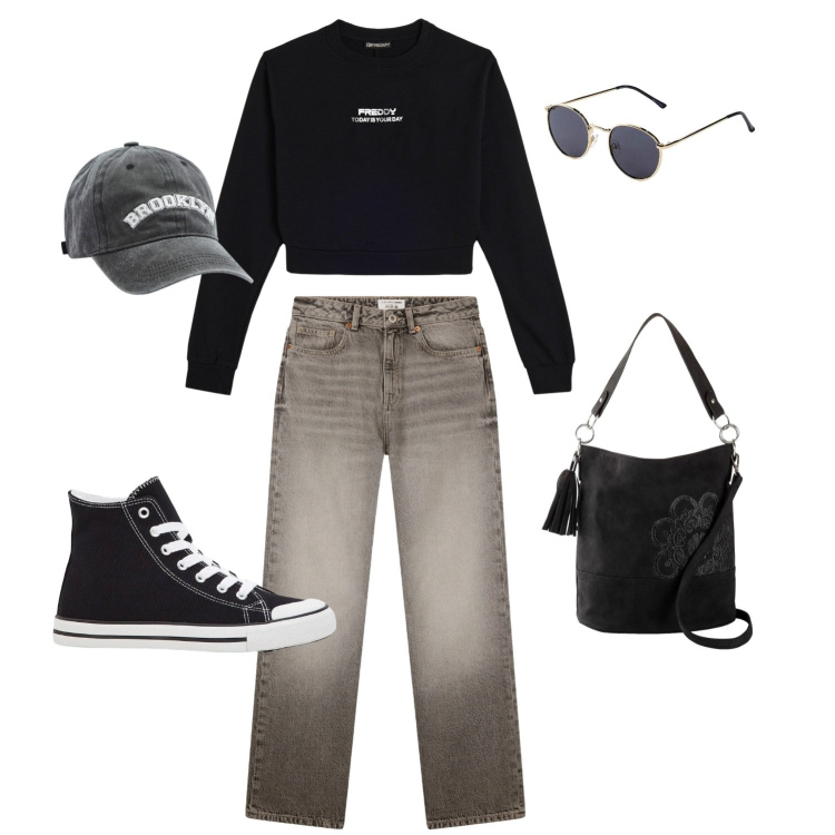 Outfit donna - Grey style. Stile Casual per Tutti i giorni. Abbinamento con sneakers alte, borse a mano, occhiali da sole, cappelli, jeans dritti, felpe.