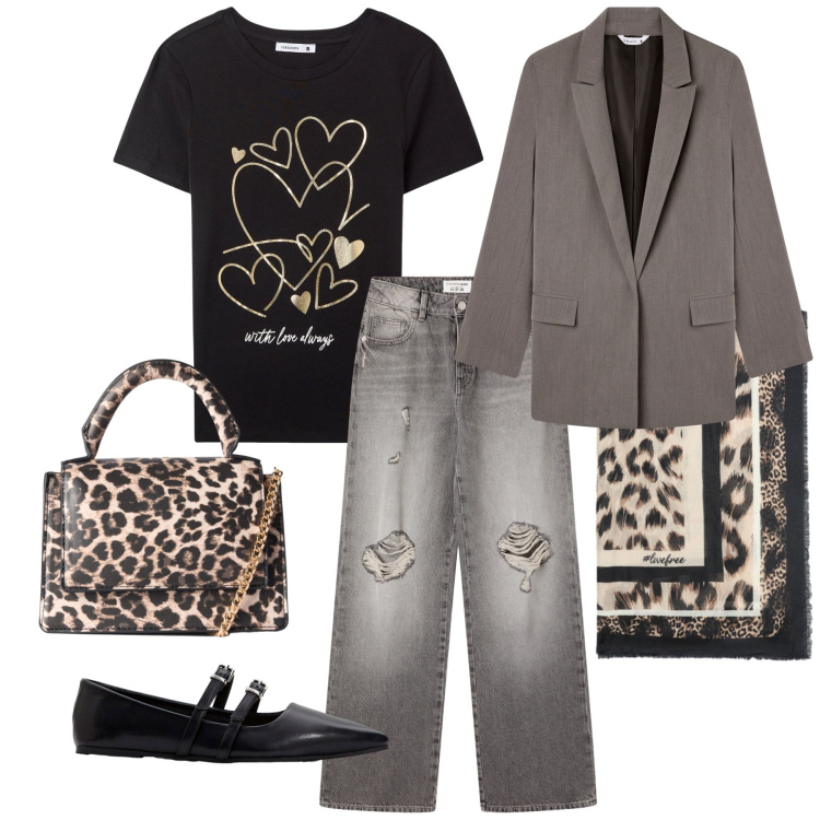 Outfit donna - Total look #2254298. Stile Casual chic per Ufficio. Abbinamento con ballerine, jeans strappati, t-shirt, borse a tracolla, blazer, foulard.
