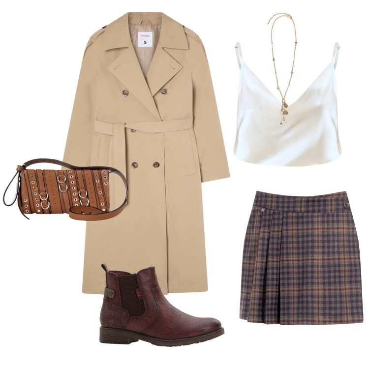 Outfit donna - Passeggiata autunnale. Stile Bon Ton per Tutti i giorni. Abbinamento con stivaletti, trench, borse a spalla, canottiere, minigonne, ciondoli.