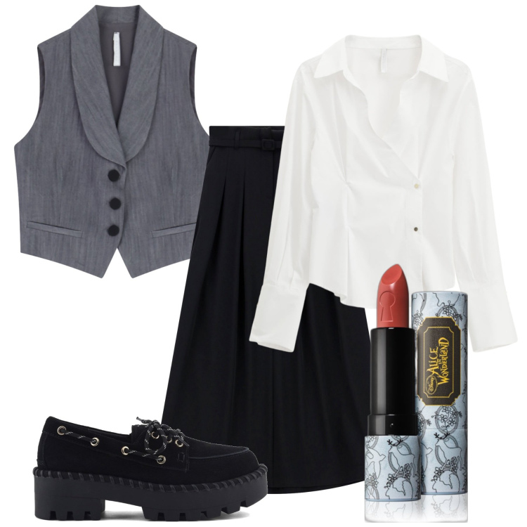 Outfit donna - Orario d\'ufficio. Stile Urban per Tutti i giorni. Abbinamento con rossetti, gonne lunghe, camicie, gilet, mocassini.
