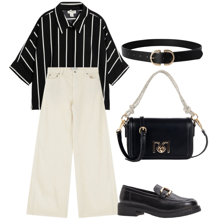 Outfit donna - Settembre. Stile Urban per Ufficio. Abbinamento con camicie a manica corta, mocassini, cinture, borse a mano, pantaloni.