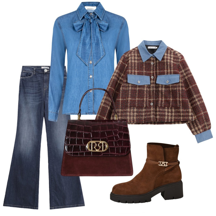 Outfit donna - La camicia in denim col fiocco. Stile Sporty chic per Tutti i giorni. Abbinamento con blazer, jeans a zampa, camicie, stivaletti, borse a mano.