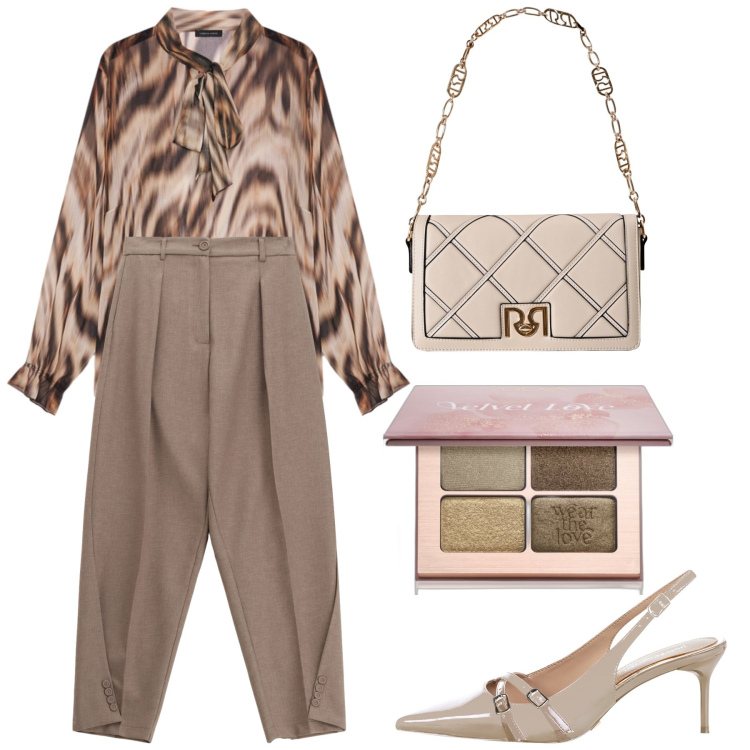 Outfit donna - Un caldo autunno. Stile Glamour per Serata fuori. Abbinamento con ombretti, borse a tracolla, décolleté, pantaloni, bluse.