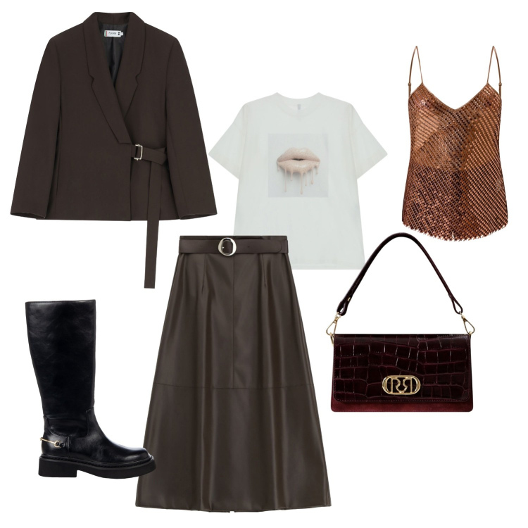 Outfit donna - Autumn romantic style. Stile Romantica per Tutti i giorni. Abbinamento con canottiere, borse a mano, stivali sopra il ginocchio, blazer, t-shirt, gonne lunghe.