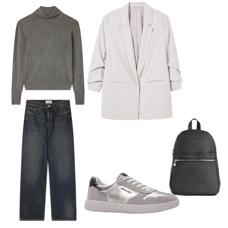 Outfit donna - Total look #2254308. Stile Minimal per Tutti i giorni. Abbinamento con sneakers, blazer, jeans dritti, maglieria, zaini.