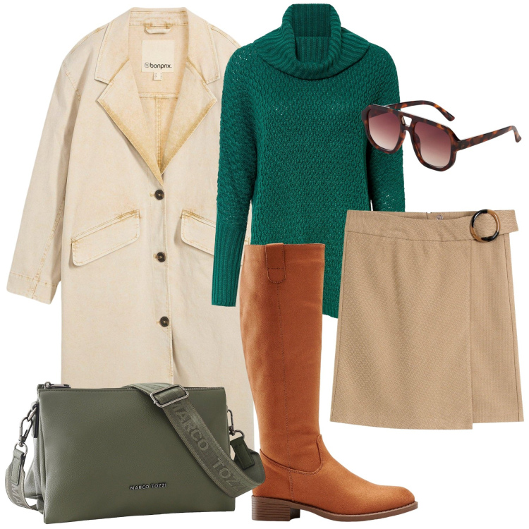 Outfit donna - bonprix - Neutral by Nature. Stile Casual per Scuola/Università. Abbinamento con stivali, maglieria, trench, occhiali da sole, borse a tracolla, gonne.