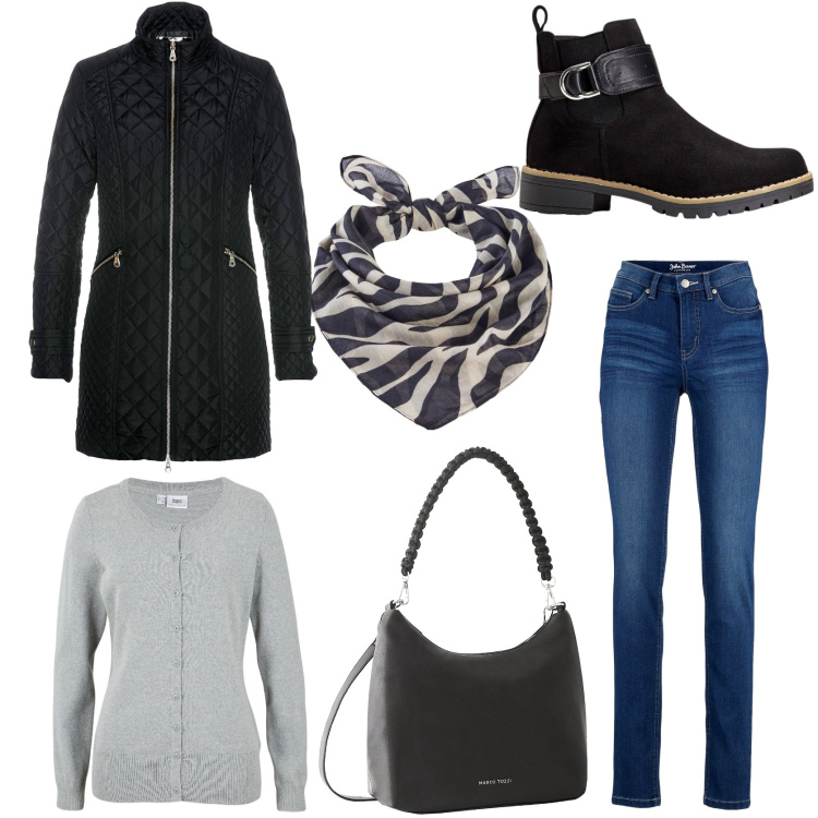 Outfit donna - Must have autunnali. Stile Casual chic per Tutti i giorni. Abbinamento con stivaletti chelsea, jeans slim fit, blazer, cardigans, foulard, borse a mano.