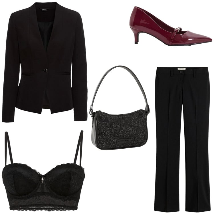 Outfit donna - Cena fuori. Stile Chic per Serata fuori. Abbinamento con reggiseni a balconcino, décolleté, pantaloni, blazer, borse a mano.