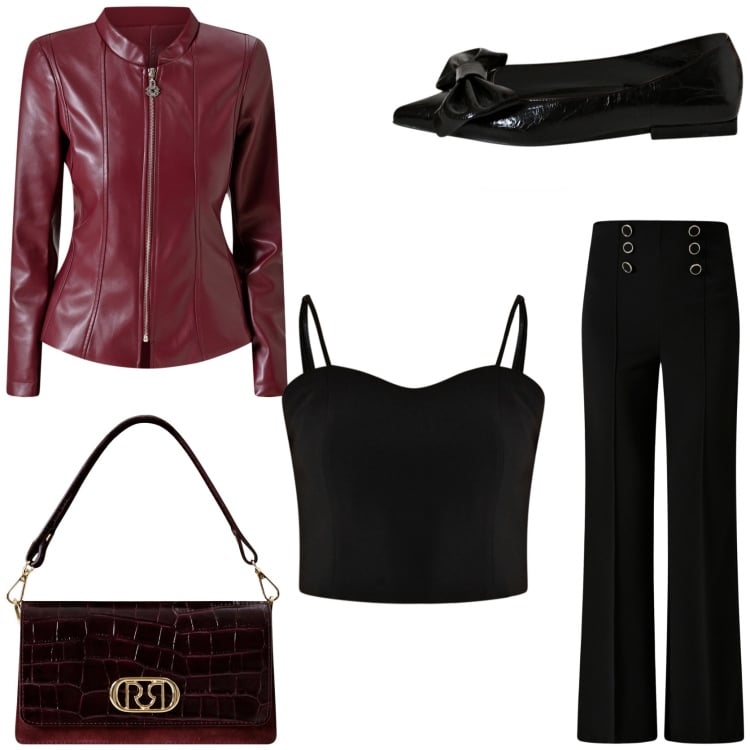 Outfit donna - Riunione aziendale. Stile Trendy per Ufficio. Abbinamento con blazer, pantaloni, top, ballerine, borse a mano.