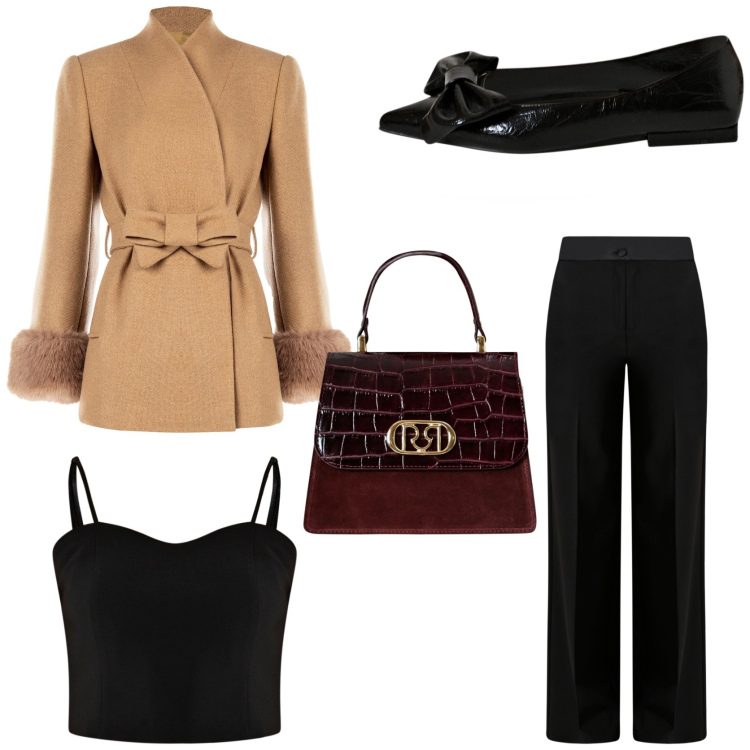 Outfit donna - Occasione formale. Stile Chic per Cerimonia. Abbinamento con top, pantaloni a palazzo, cappotti, ballerine, borse a mano.