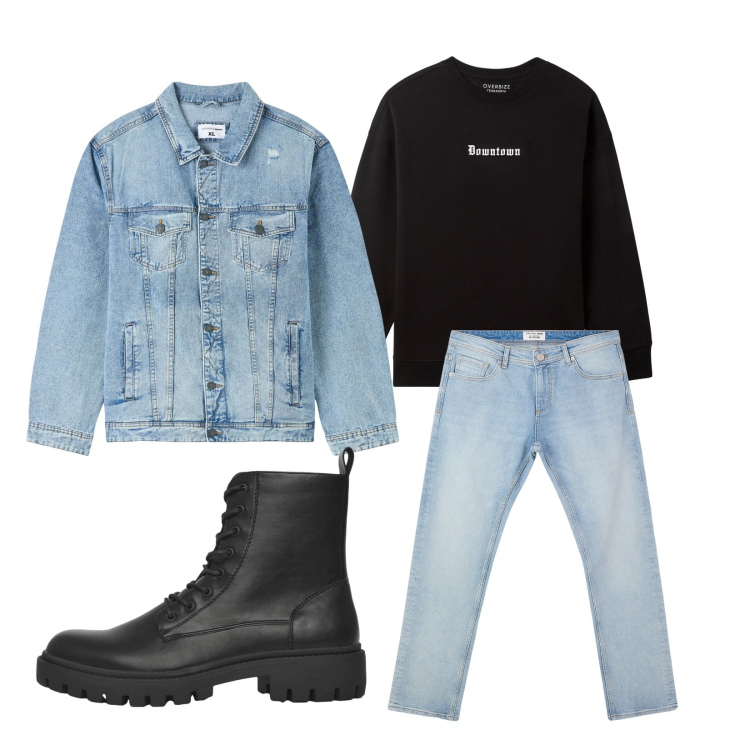 Outfit uomo - Total look #2254323. Stile Urban per Tutti i giorni. Abbinamento con felpe, anfibi, jeans, giacche.
