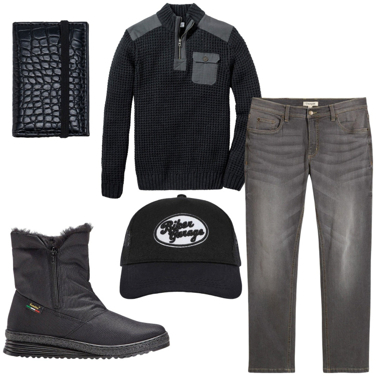 Outfit uomo - Total look #2254325. Stile Casual per Tutti i giorni. Abbinamento con maglieria, stivali e stivaletti, jeans dritti, cappelli, portafogli.