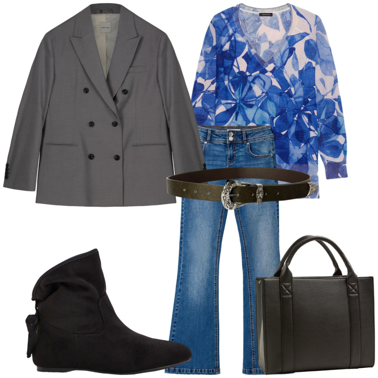 Outfit donna - Total look #2254326. Stile Casual chic per Tutti i giorni. Abbinamento con stivaletti, jeans a zampa, borse tote, cinture, blazer, maglieria.