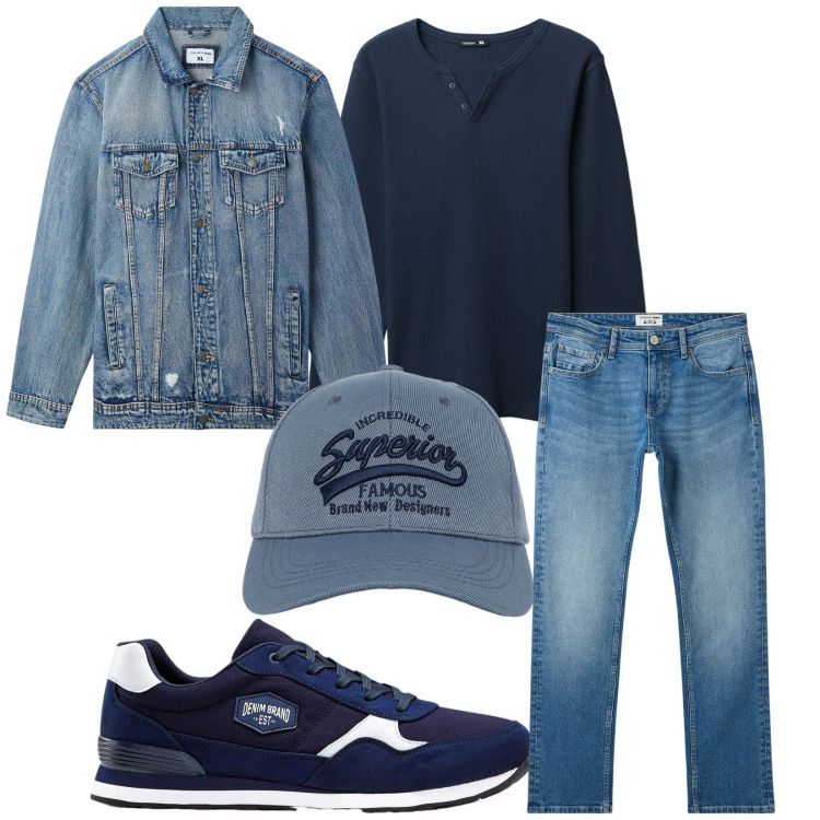 Outfit uomo - Total look #2254327. Stile Casual per Tutti i giorni. Abbinamento con sneakers, jeans, cappelli con visiera, giacche, t-shirt.