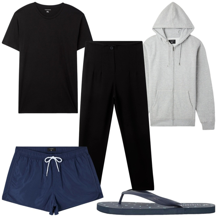 Outfit uomo - Total look #2254333. Stile Trendy per Mare. Abbinamento con costumi, pantaloni chino, felpe con cappuccio, t-shirt, sandali.