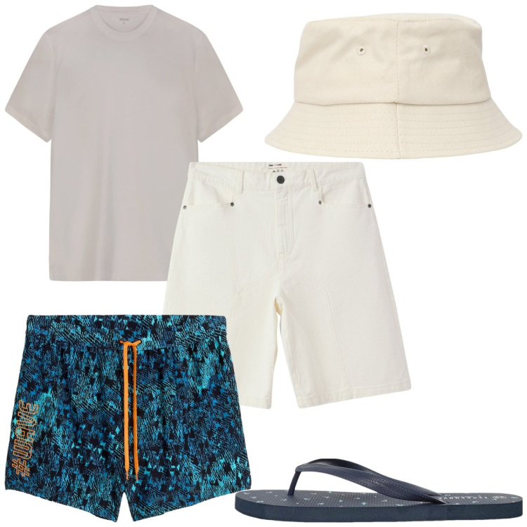 Outfit uomo - Total look #2254335. Stile Trendy per Mare. Abbinamento con costumi, cappelli, bermuda, sandali, t-shirt.