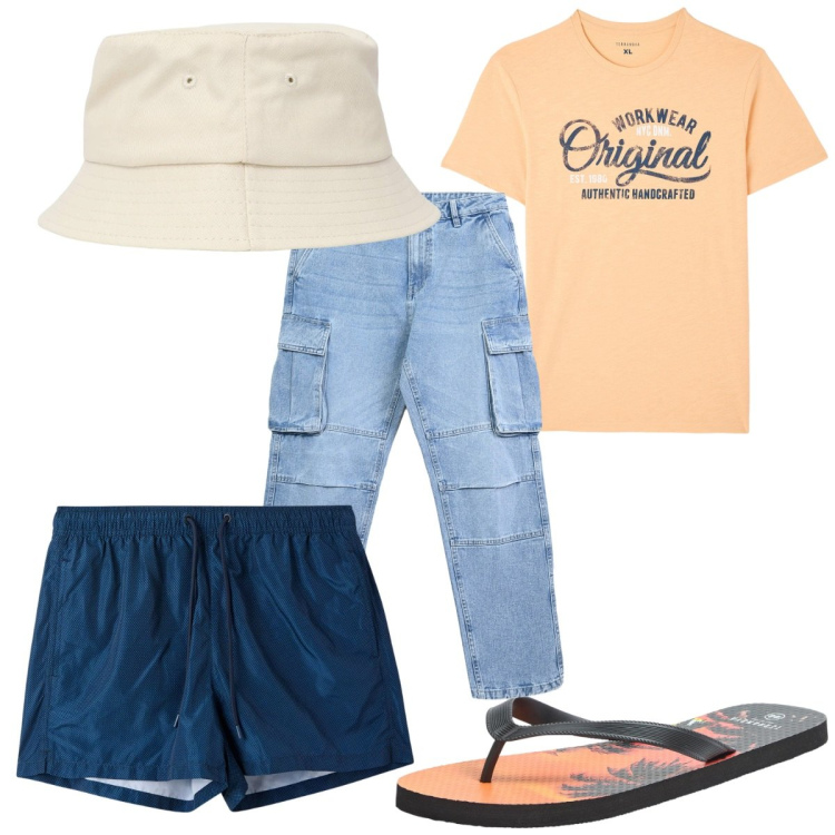 Outfit uomo - Total look #2254337. Stile Trendy per Mare. Abbinamento con cappelli, costumi, jeans, t-shirt, sandali.