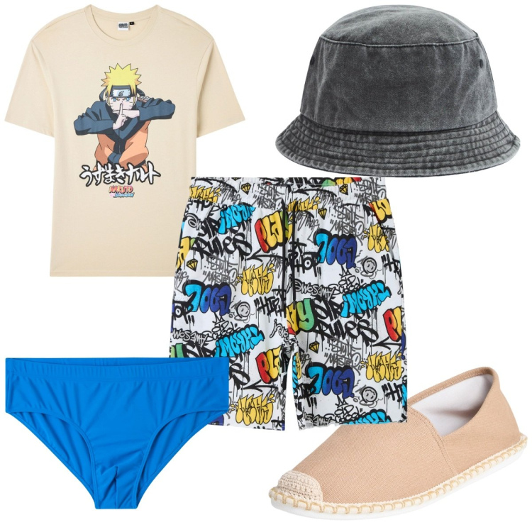 Outfit uomo - Total look #2254342. Stile Trendy per Mare. Abbinamento con cappelli, t-shirt, costumi, espadrillas, bermuda.