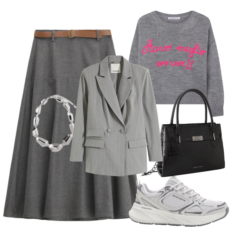 Outfit donna - In giro per commissioni. Stile Casual chic per Tutti i giorni. Abbinamento con blazer, sneakers, borse a mano, maglieria, gonne lunghe, ciondoli.