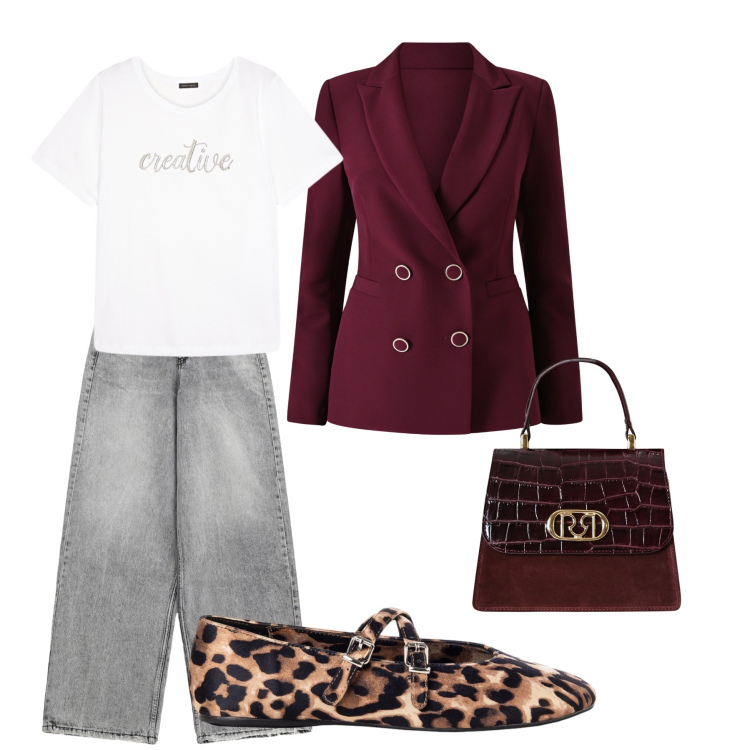 Outfit donna - Passeggiata in centro. Stile Casual chic per Tutti i giorni. Abbinamento con jeans, ballerine, blazer, borse a mano, t-shirt.