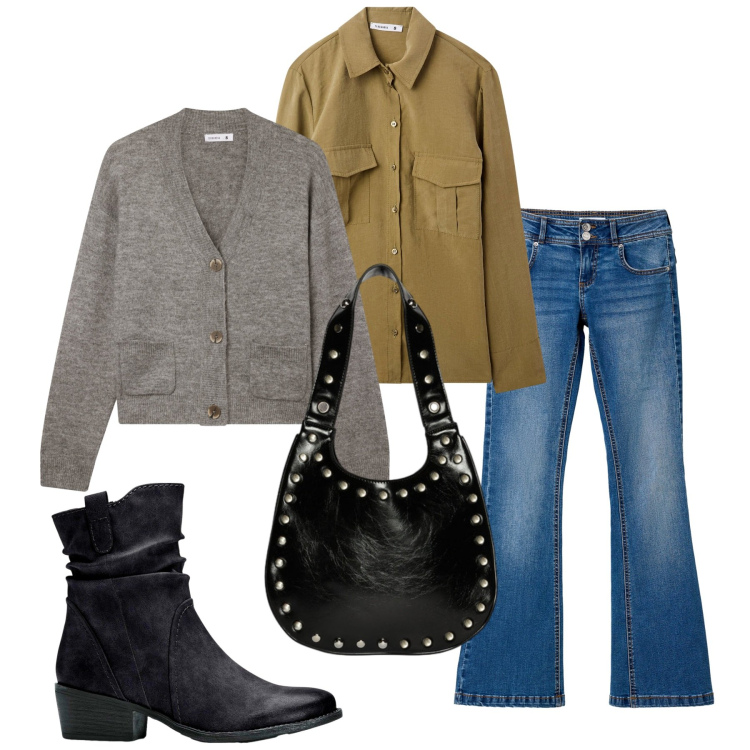 Outfit donna - Total look #2254347. Stile Basic per Tutti i giorni. Abbinamento con stivaletti texani, camicie, cardigans, jeans a zampa, borse a spalla.