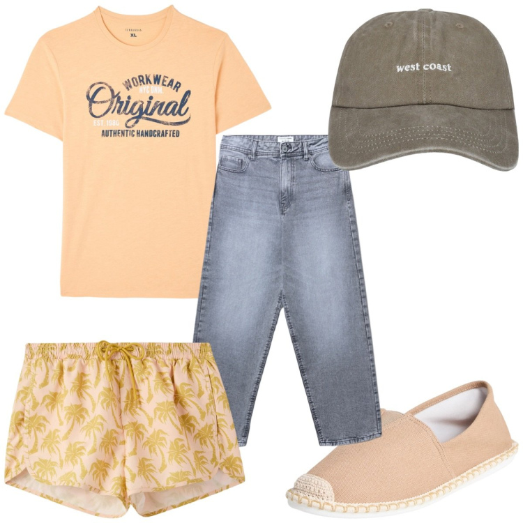 Outfit uomo - Total look #2254348. Stile Trendy per Mare. Abbinamento con cappelli con visiera, costumi, jeans, t-shirt, espadrillas.