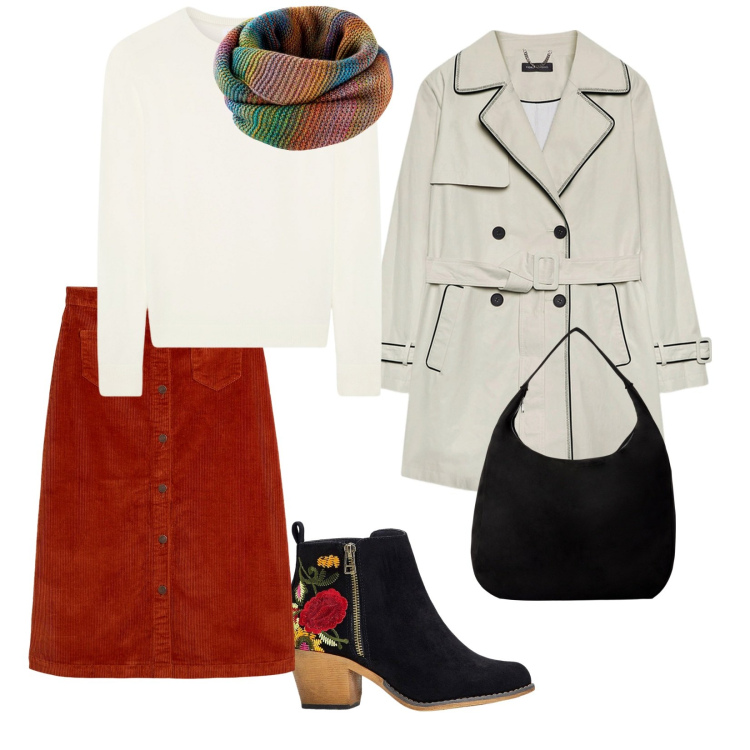 Outfit donna - Ottobre. per Tutti i giorni. Abbinamento con stivaletti, foulard, gonne longuette, borse a mano, maglieria, trench.