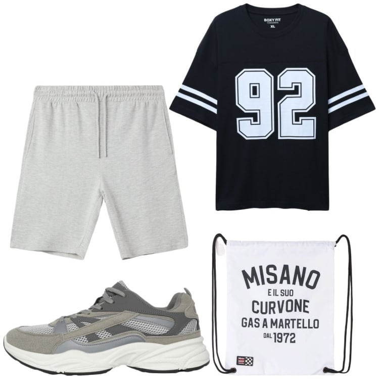 Outfit uomo - Total look #2254351. Stile Trendy per Sport. Abbinamento con borse sportive, sneakers, bermuda, t-shirt sportive.