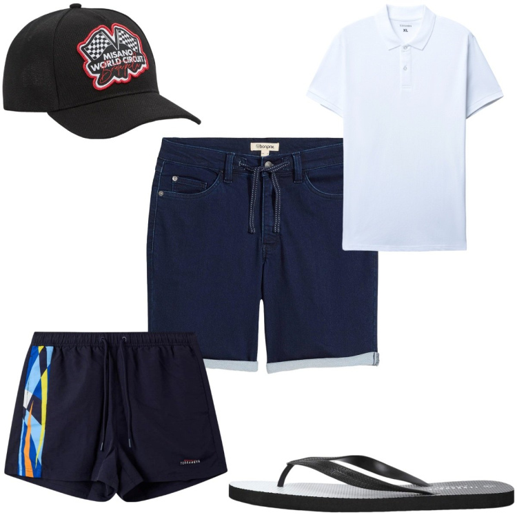 Outfit uomo - Total look #2254356. Stile Trendy per Mare. Abbinamento con bermuda, cappelli, sandali, costumi, polo.