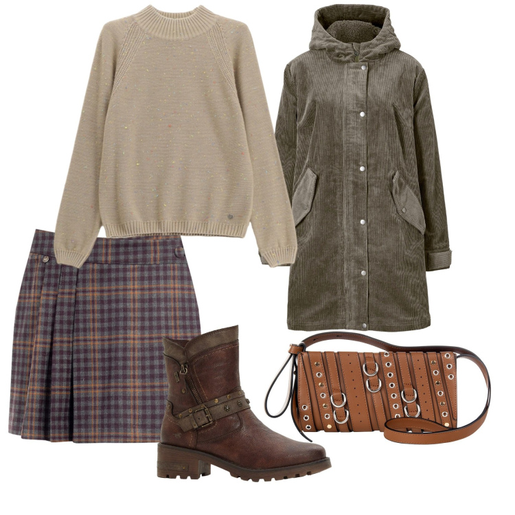 Outfit donna - Autunno inoltrato. per Tutti i giorni. Abbinamento con parka, stivaletti, borse a spalla, minigonne, maglieria.