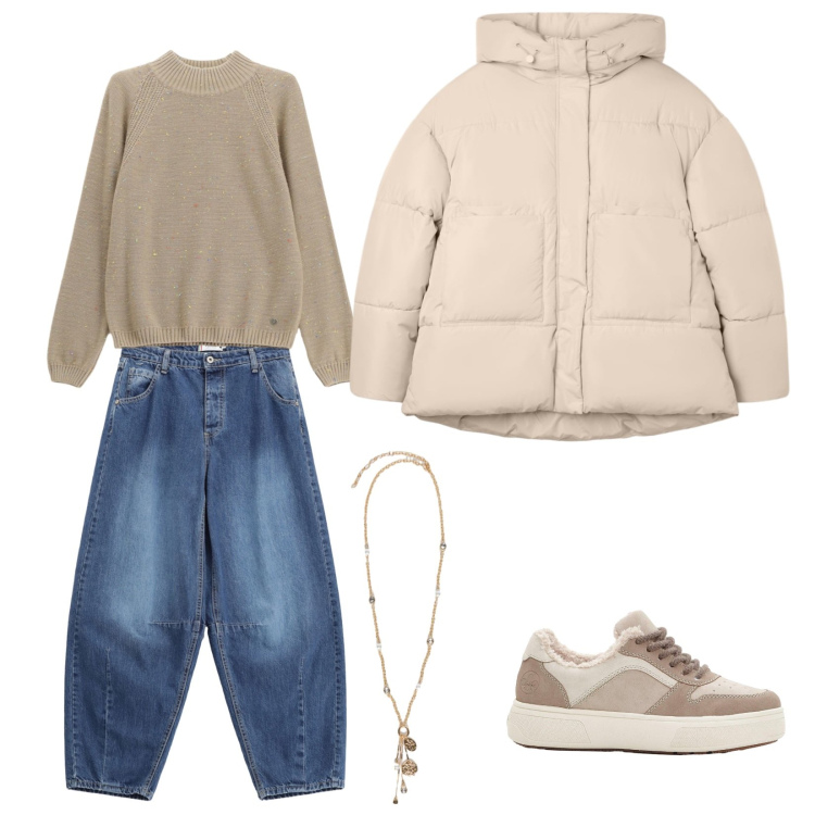Outfit donna - In beige. Stile Casual per Tutti i giorni. Abbinamento con sneakers, bomber, jeans, maglieria, ciondoli.
