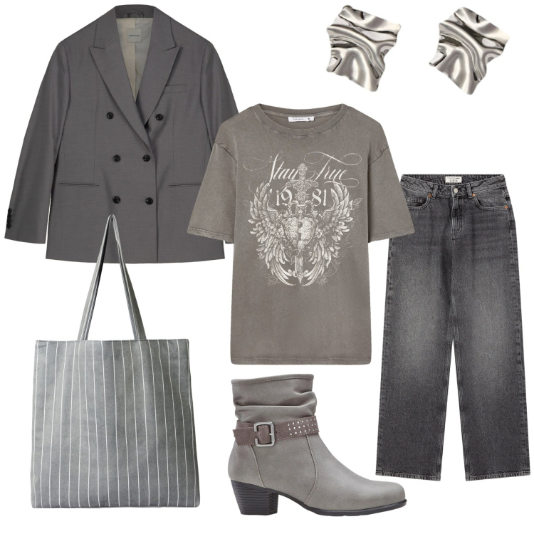 Outfit donna - Grigio mon amour. Stile Casual chic per Ufficio. Abbinamento con stivaletti, jeans, shopping bag, t-shirt, blazer, orecchini.