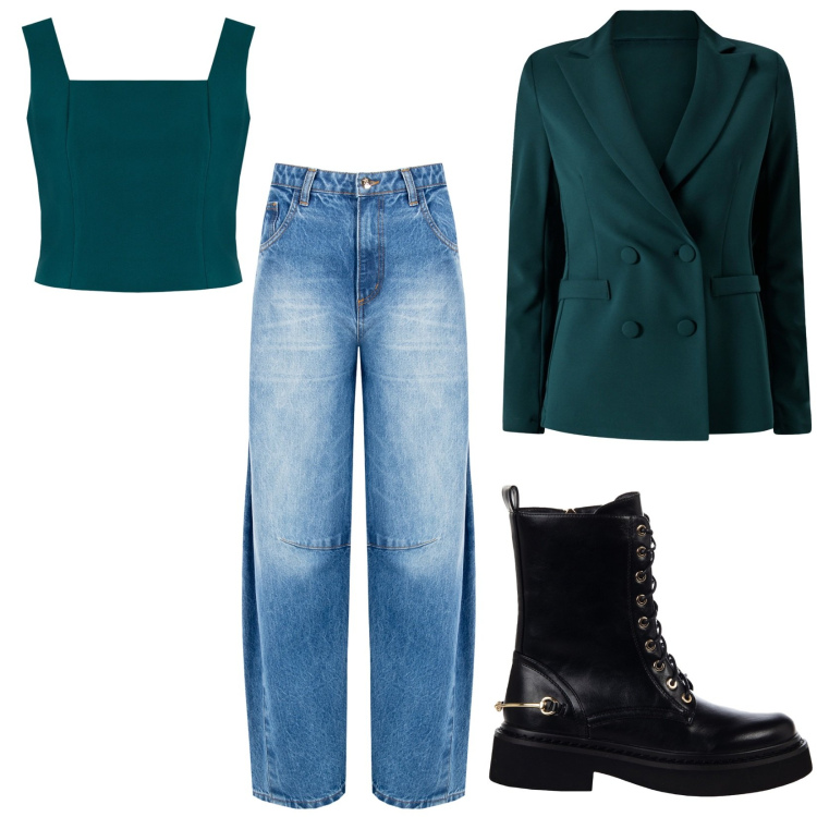 Outfit donna - In verde. Abbinamento con anfibi, jeans, top, blazer.