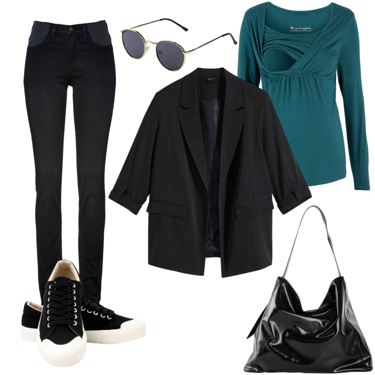 Outfit donna - Blazer nero. Stile Casual per Tutti i giorni. Abbinamento con maglieria, jeans skinny, occhiali da sole, shopping bag, blazer, sneakers.