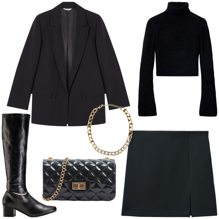 Outfit donna - Total black. Stile Trendy per Tutti i giorni. Abbinamento con stivali, minigonne, borse a tracolla, maglieria, collane, blazer.
