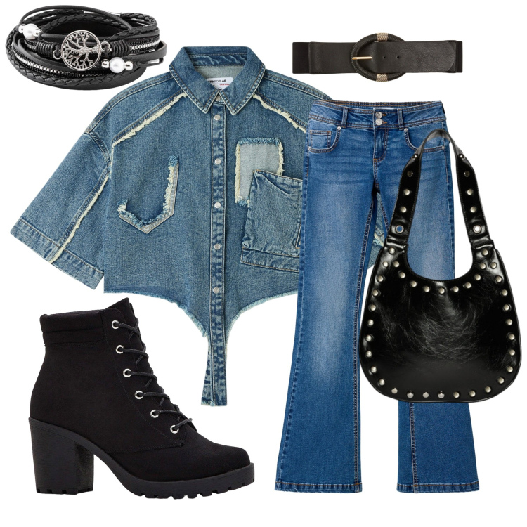 Outfit donna - Un jeans. Stile Casual per Tutti i giorni. Abbinamento con stivaletti, braccialetti, camicie a manica corta, cinture, jeans a zampa, borse a spalla.