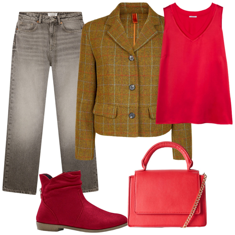 Outfit donna - Jeans e giacca. Stile Casual per Tutti i giorni. Abbinamento con stivaletti, borse a tracolla, jeans dritti, blazer, top.