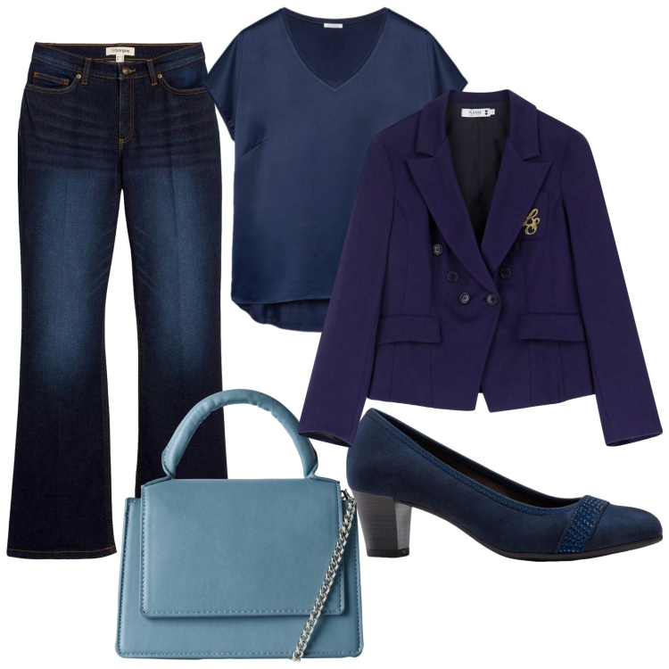 Outfit donna - Un blu. Stile Bon Ton per Tutti i giorni. Abbinamento con décolleté, jeans bootcut, borse a tracolla, blazer, bluse.